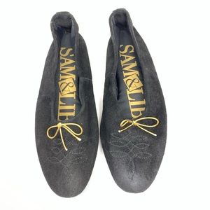 Sam & Libby Black suede ballet flats Gold bow 6.5